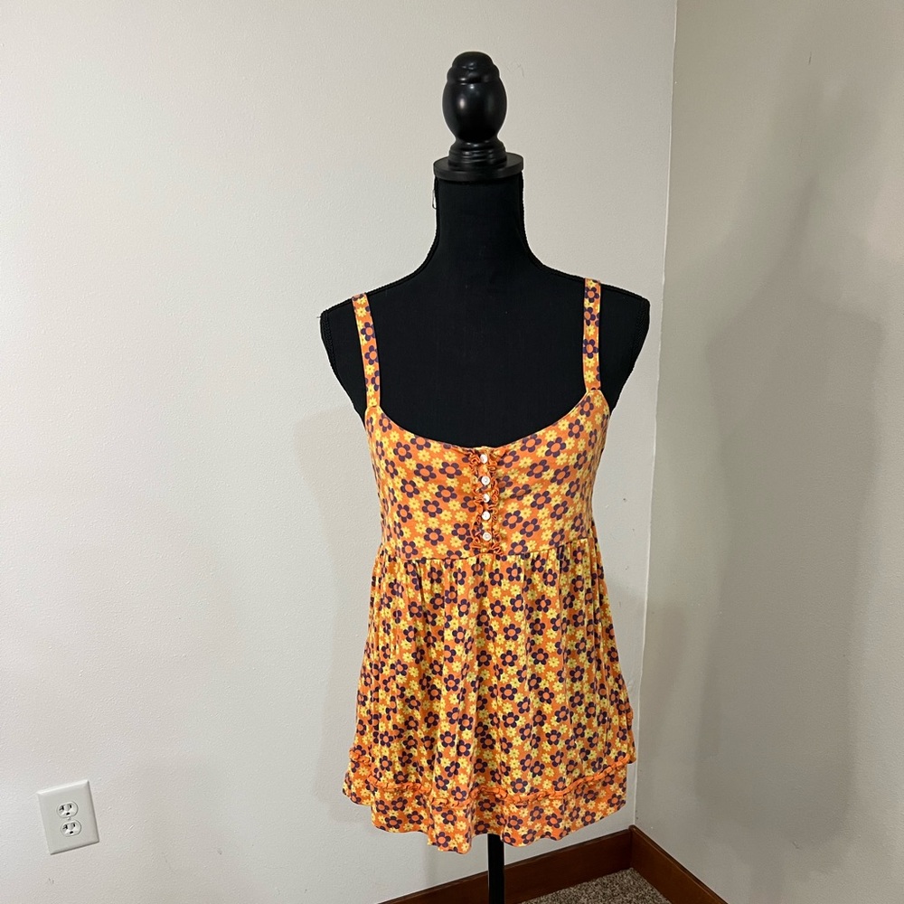 Lucky Brand Vintage Floral Ruched Orange Yellow Purple Tank Top Medium